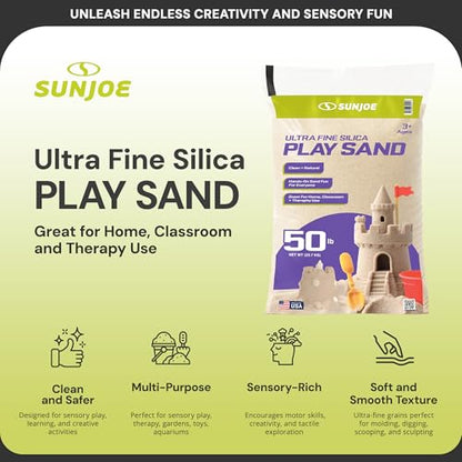 Sun Joe Silica Play Sand for Sandbox, Ultra Fine, PLYSAND50 | 50 Lb Bag - Sensory Table & Gardens, Indoor & Outdoor Craft Accessory for Molding, Digging & Sculpting - size: 50 lb