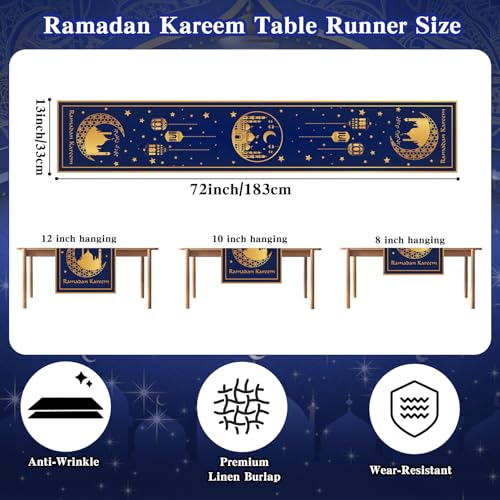 Eid Mubarak Table Runner, Eid Mubarak Decorations, Ramadan Kareem Table Runner, Blue and Golden Moon Star Ramadan Holiday Table Decorations for Ramadan Home Kitchen Dining Party Supplies, 13" X 72" - size: 13" x 72"