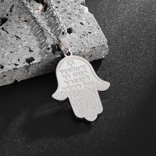 Jewish Hamsa Hand Hebrew Text Pendant Chain Necklace for Women | Hamsa hand engraved with hebrew text & star of david, symbolizes protection, ideal birthday holiday gift jewelry for women - color: silvery