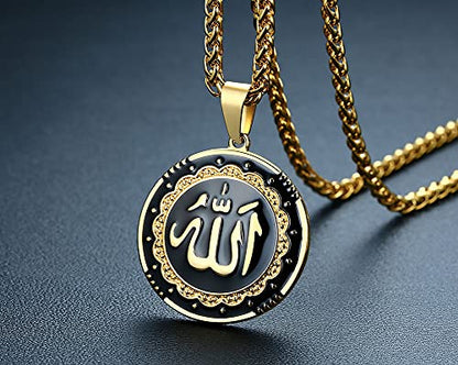 MEALGUET Allah Medallion Necklace, Stainless Steel Islamic Jewelry,Arabic Jewelry,Allah Name of God Round Pendant Necklace for Women and Men with Agate Beaded Chain, Muslim Gift Jewelry, Gift - style: Gold-stainless steel chain necklace