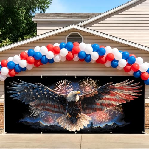 7 * 16FT Eagle flag God Bless The USA Garage Door Cover Decorations Independence Day Garage Door Banner for Outdoor Indoor Patriot Party Photography Backdrop - color: Eagle Flag Fireworks, size: 7*16 ft