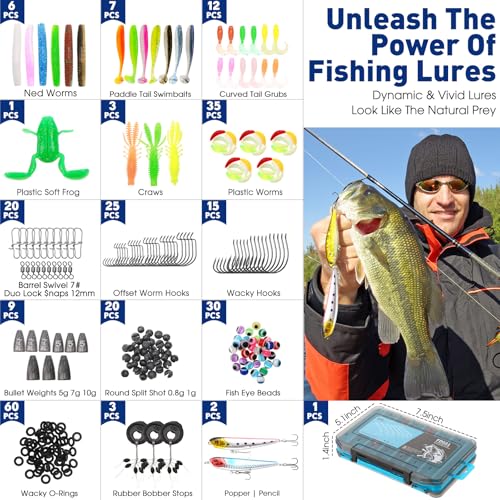 RoundFunny 256 Pcs Fishing Backpack with Tackle Box Gears, Tackle Sling Bag Backpack, Fishing Hook, Lures, Retractable Landing Net, Plier, Lip Gripper, Hook Remover, Fish Gift Men - color: Black Camouflage
