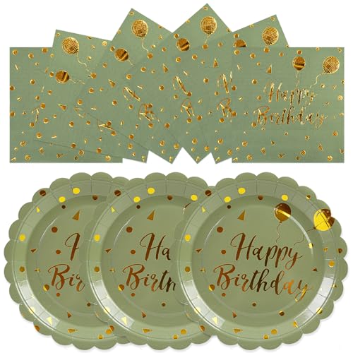 50PCS Happy Birthday Paper Plates and Napkins Set - 7 Inch Sage Green and Gold Birthday Cake Plates Scalloped Dessert Plate Disposable Tableware for Birthday's Party Supplies Decorations - color: Sage Green and Gold
