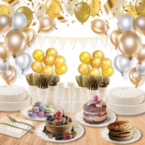 White and Gold Party Supplies 145PCS Disposable Party Dinnerware Paper Plates, Napkins, Knives, Forks, Cups, Banner, for New Year Eve 2026, Bridal Shower, Wedding, Birthday, Serves 24 - color: White Gold (Serves 24)