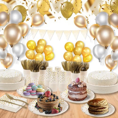 White and Gold Party Supplies 145PCS Disposable Party Dinnerware Paper Plates, Napkins, Knives, Forks, Cups, Banner, for New Year Eve 2026, Bridal Shower, Wedding, Birthday, Serves 24 - color: White Gold (Serves 24)