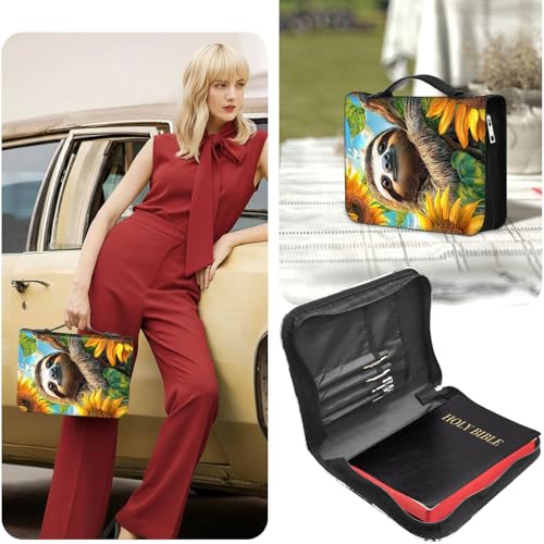 PU Leather Bible Cover with Handle & Pockets, Large Capacity Bible Case, Water-Resistant Scripture Organizer Bag with Bonus Card Holder, Christian Gift for Women & Men, Cute Sloth - color: Cute Sloth