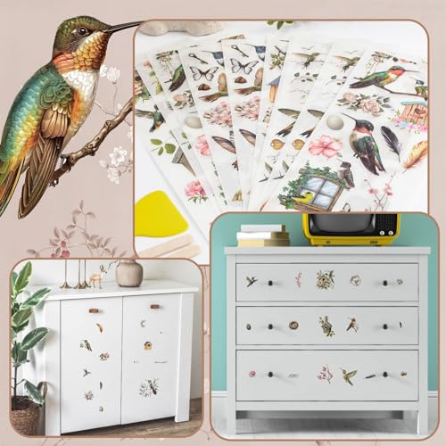 WANDIC 10 Sheets Rub On Transfer Stickers, Bees Birds Decals Fashionable Flower Waterproof Transfers for Furniture Table Water Bottle DIY Craft, 11.8 * 3.9in - color: Hummingbird