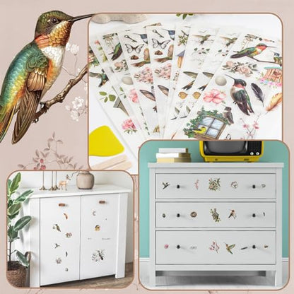 WANDIC 10 Sheets Rub On Transfer Stickers, Bees Birds Decals Fashionable Flower Waterproof Transfers for Furniture Table Water Bottle DIY Craft, 11.8 * 3.9in - color: Hummingbird