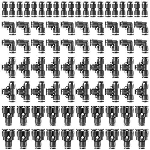 TAILONZ PNEUMATIC Black 1/4 Inch od Push to Connect Fittings Pneumatic Fittings Kit 20 Spliters+20 Elbows+20 tee+20 Straight (80 pcs) - color: Black, size: 1/4"OD/80PCS