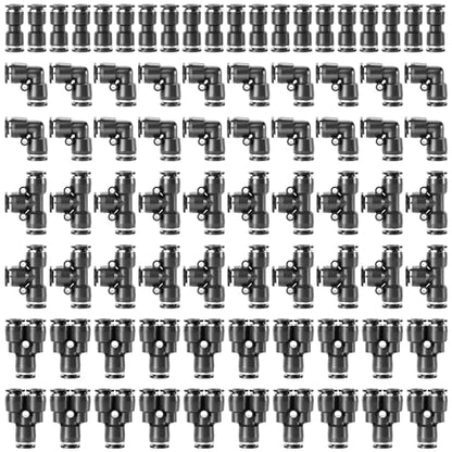 TAILONZ PNEUMATIC Black 1/4 Inch od Push to Connect Fittings Pneumatic Fittings Kit 20 Spliters+20 Elbows+20 tee+20 Straight (80 pcs) - color: Black, size: 1/4"OD/80PCS