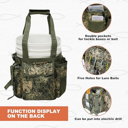 MYDAYS Fishing Bucket Organizer, Fishing Tackle Bag for Men, Rod and Tackle Boxes Holder Bag with Adjustable Buckle, Bucket Not Included (Green Camo)