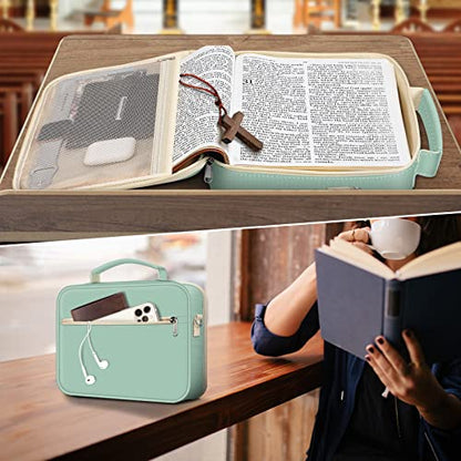 FINPAC Large Bible Cover w/Shoulder Strap, Carrying Book Case Church Bag Bible Protective w/Pen Slots and Zippered Pocket, Gift for Women Lady, Light Green - color: Light Green
