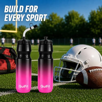 QuiFit Hockey Water Bottle with Long Straw -32oz Lacrosse Water Bottle 2 Pack with 2 Lids Each- BPA Free Squeeze Sports Water Bottles, Leakproof Dishwasher Safe- for Helmet,Lacrosse (Black Pink) - color: Black Pink