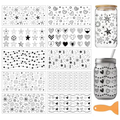 arricraft 10 Sheets Black and White Geometric Patterns UV DTF Cup Wrap for 16OZ Glass, Hearts Stars Flowers Rub on Decals PVC Transfer Stickers for DIY Cups Window Home Printing Decoration 24x11cm - style: Hearts Stars Flowers Theme