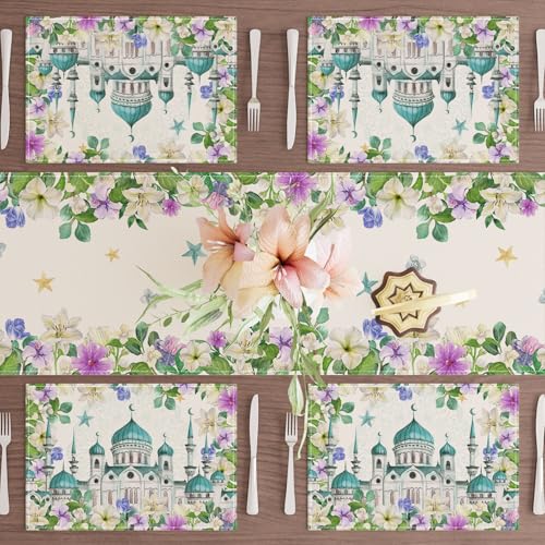XCHI Flowers Castle Stars Ramadan Mubarak Placemats Set of 4 Table Mats for Party Home Kitchen Dining Table Decorations 12x18 Inch