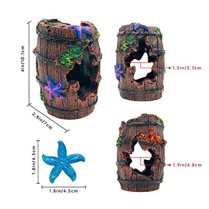GSD Star-Fish Broken Barrel Decor Resin Betta Tank Accessories Ornaments for Cave Hide Decorations, Broken Barrel x 1pc, Blue Star Fish Ornaments x 2pcs