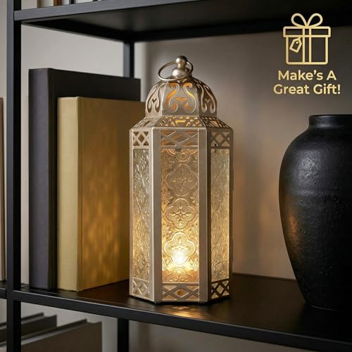 Vela Lanterns Decorative Indoor Moroccan Candle Holder, White Gold, M, 2PK | Ramadan Decorations for Home, Turkish Votive Pillar Lamp, Boho Champagne Tealight Centerpiece, Eid Diwali, 10.5in Tall