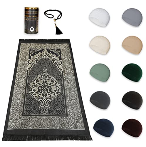 10 Pieces Kufi Hats for Men and Muslim Prayer Rug Islam and Beads, Kaabe Design