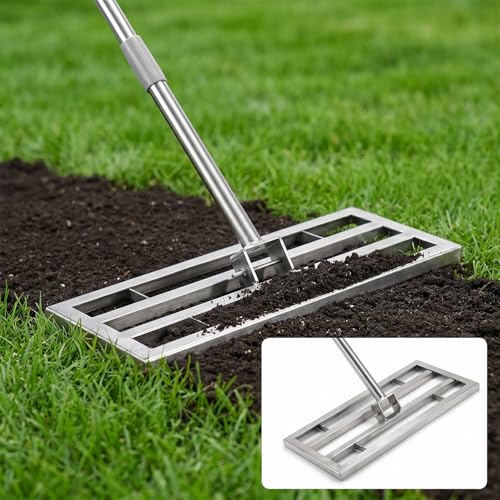 Lawn Leveling Rake, 2-in-1 Double-Side Leveler with Gloves, 70'' Adjuatble Stainless Steel Garden Rake, Rustproof Rakes, Flat & Serrated Side for Soil Dirt Sand Gravel, Yard Garden