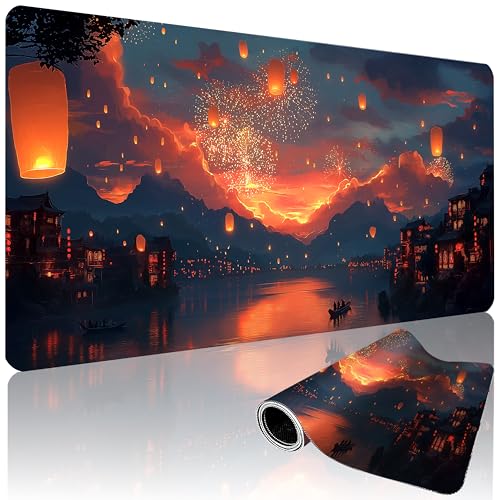 XXL Gaming Mouse Pad 35.4 x 15.7 Inch, Large Desk Mousepad | Moonlit Asian Landscape Design , Non-Slip Rubber Base, Water-Resistant Surface and Stitched Edges for Gaming, Office & Home - color: Moonlit Asian Landscape