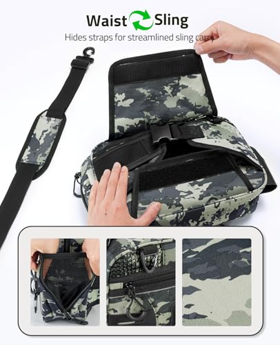 CVLIFE Fishing Tackle Bag Waist Pack with Rod Holder, Waterproof Fanny Pack | 900D Fabric, Convertible Carry, Detachable Shoulder Strap, Landing Net Holster, 3600 Tackle Box, Waterproof Pouch, Carabiners - color: Tactical Camo