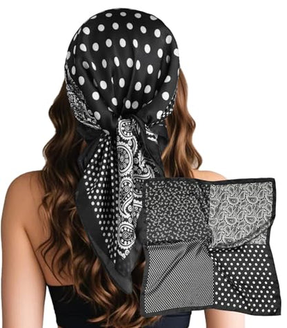 Sumolux Head Hair Scarf for Women Like Satin Silk Scarf Bandana Hair Wrapping Night Large Square Scarves 27.5" - color: Black Polka Dot Cashew Nuts
