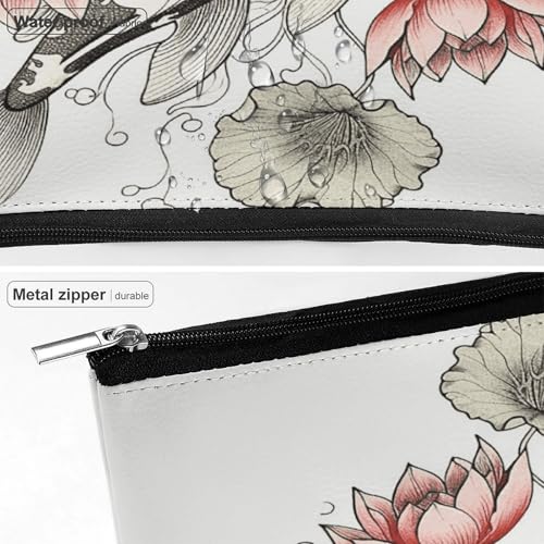 Fish Japanese Carp Lotus Leaves Flower Makeup Bag for Women, Toiletry Bag Portable PU, Cosmetic Bag Travel Essentials Toiletries Accessories