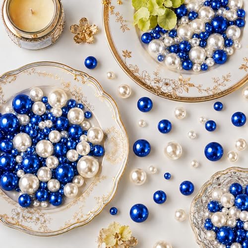 UDU 200 Pcs Vase Filler Pearl Beads No Hole Faux Polish Pearls for Centerpieces Vases Beads for vases Home Birthday Wedding Party Table Decor (White and Blue) - color: White and Blue
