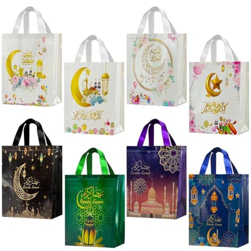 LAOREI 8 PCS Eid Mubarak Reusable Gift Bags-Ramadan Environmental Protection Party Bags Multifunctional Non-Woven Eid for Gifts Wrapping Ramadan Party Decorative shopping bag with Handles - color: 8pcs--Eid Mubarak