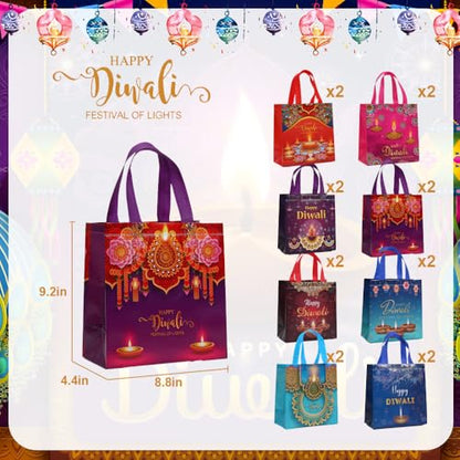 Colodeol 16 Pcs Diwali Gift Bags, Happy Diwali Tote Bags with Handles Non-woven Treat Bags Bulk for Indian Light Festival Party Decoration Favor