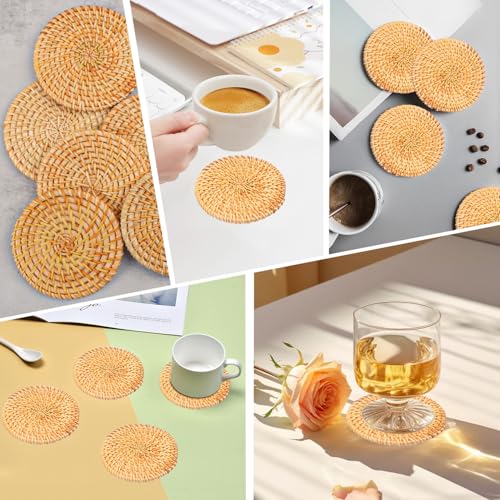 15 PCS 4 Inch Round Rattan Coasters, Handmade Braided Drink Coasters, 4 inch Rattan Woven Coaster for Home & Party