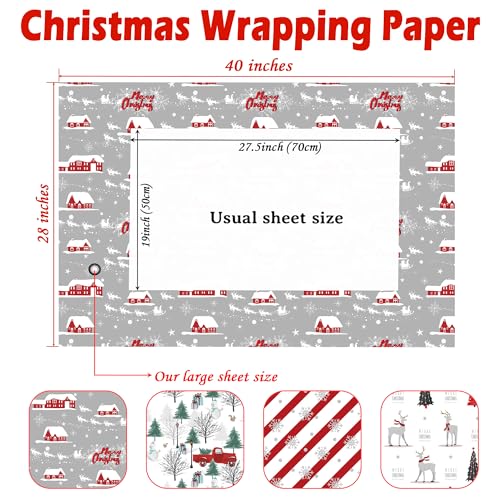 Cuitpan White Christmas Wrapping Paper Bundle for Kids Adults - Reindeer, Stripes, Woodlands, Snowflake, Red Truck Winter Scene Designs - 28 x 40 Inches, 6 Jumbo Sheets, Recycled - color: White-Christmas