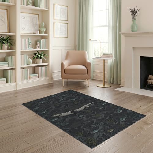 4'x6' Washable Graphic Fish Accent Rug, Charcoal Grey Non-Shedding Small Carpet Pet Friendly & Non-Slip for Playroom, Bedroom, Reading Nook | Ref:2068054 - color: Grey/Pattern 19, size: 4' x 6' (Rectangular)