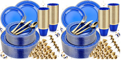 350PCS Clear Blue Plastic Plates for 50 Guests, Disposable Dinnerware Set for Party and Graduation, Includes 100 Plastic Plates, 50 Pre Rolled Napkins with Gold Silverware, 50 Cups (Pack of 2) - color: Blue, size: 50 Guests Set (Pack of 2)