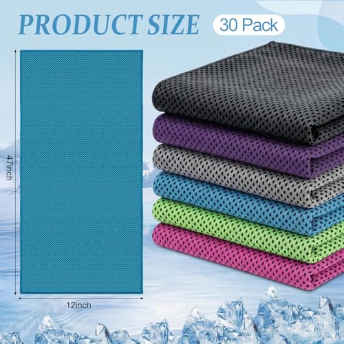 Honoson 30 Pack Cooling Towels Bulk 27"x16" Ice Cold Neck Towels Bulk, Cooling Rags Sports Towel for Hot Weather, Yoga, Golf(Gray, Rose Red, Green, Dark Gray, Purple, Blue) - color: Vibrant Color