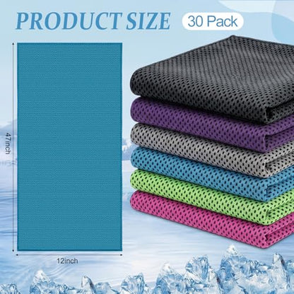 Honoson 30 Pack Cooling Towels Bulk 27"x16" Ice Cold Neck Towels Bulk, Cooling Rags Sports Towel for Hot Weather, Yoga, Golf(Gray, Rose Red, Green, Dark Gray, Purple, Blue) - color: Vibrant Color