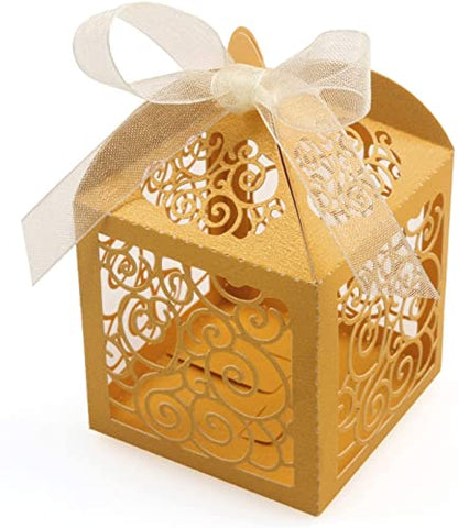 KPOSIYA 70 Pack Wedding Favor Boxes Laser Cut Boxes Party Favor Box Small Gift Boxes Lace Candy Boxes for Wedding Bridal Shower Baby Shower Birthday Party Anniverary with Ribbons (Gold, 70) - color: Gold 70