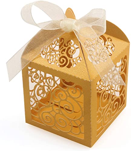 KPOSIYA 70 Pack Wedding Favor Boxes Laser Cut Boxes Party Favor Box Small Gift Boxes Lace Candy Boxes for Wedding Bridal Shower Baby Shower Birthday Party Anniverary with Ribbons (Gold, 70) - color: Gold 70