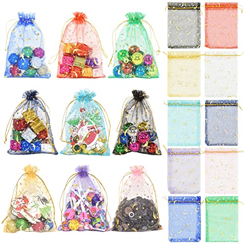 BDS-HOME 100PCS 5x7 Organza Gift Bags 10 Color Wedding Favor Bags Jewelry Gift Bags Candy with Drawstring for Party, Jewelry, Christmas, Festival, Makeup Organza Favor Bags (Moon Star)