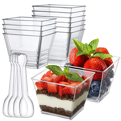 3.8 oz Plastic Dessert Cups with Spoons 50 Pack, Clear Square Mini Dessert Cups Appetizer Cups Parfait Cups Tumbler Cups for Mousse Puddings, Party Supplies - size: 3.8 Oz (Pack of 50)