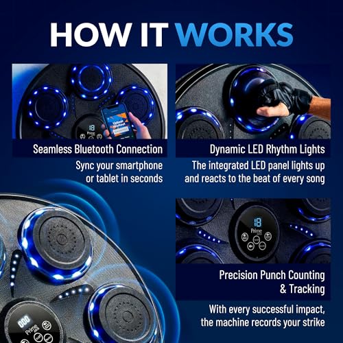 Music Boxing Machine for Adults and Kids| Exercise Equipment Smart Boxing Pad with Boxing Gloves, Speaker & Bluetooth Synced LED lights with 9 Modes & Speeds, Large Size Wall for Home, Office, and Gym