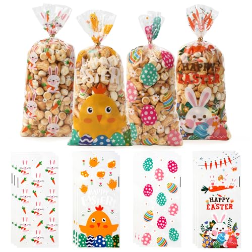 100 PCS Easter Cellophane Bags(5x11 Inch) with Ties for Candy Goodie Treat Snack Goody Cookie Small Gifts Wrap Plastic Ziplock Bag Baggies Pouch Easter Party Favors Supplies Decorations Table Decor - color: 100 Easter bags