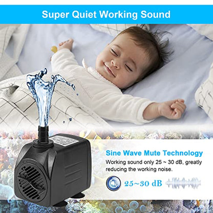 DaToo 400GPH 25W Submersible Water Pump Fountain Pump Ultra Quiet For Aquariums Fish Tank Pond Fountain Statuary Water Feature Hydroponics - size: 25W 400GPH (With 5ft Free Tubing)