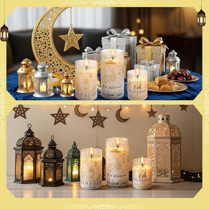 Huquary 3 Pcs Eid Mubarak Pillar Flameless Candles with Remote Ramadan Decorations Ramadan LED Flickering Candles Battery Operated Plastic Pillar Candlesticks for Eid Fit Gifts Home Decor, 3", 5", 6"