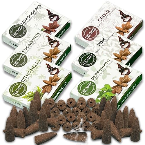Leafy - Backflow Incense Cones for Waterfall - Scented Inscents-Cones - Peppermint, Citronella, Pine, Cedar, Eucalyptus, Lemongrass - Insiensos Aromaticos - 6x10=60 Large Variety Pack - color: Leafy