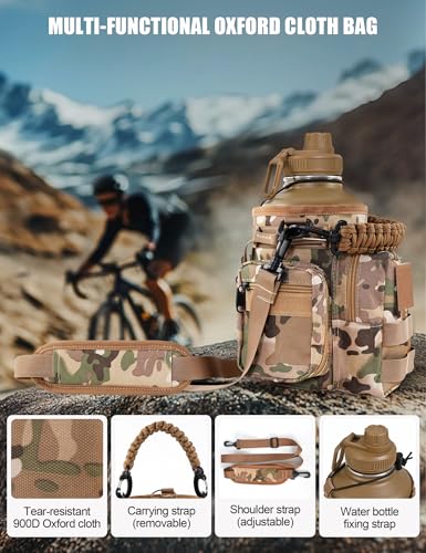 Tactical Half Gallon Water Bottle with Straw, 64 Oz Insulated Water Jug with Molle Water Bottle Holder, Stainless Steel Sport Bottle with 3 BPA Free Lids for Gym Workout Hiking (64oz-Brown) - color: 64oz-Brown