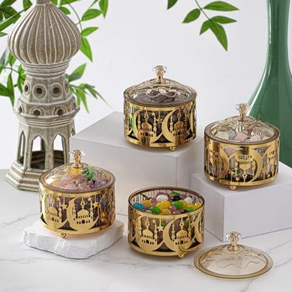 4 Pcs Ramadan Serving Trays with Lid Metal Gold Eid Mubarak Tray Decorations Ramadan Plate Food Storage Container for Serving Cookie Candy Pastry Dessert Eid Party(Retro) - style: Retro