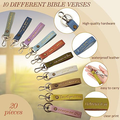 20 Pcs Christian Key Chain Leather Religious Keychain Inspirational Bible Key Chains Verse Quote Keychains Easter Day Gift - color: Pastel Colors