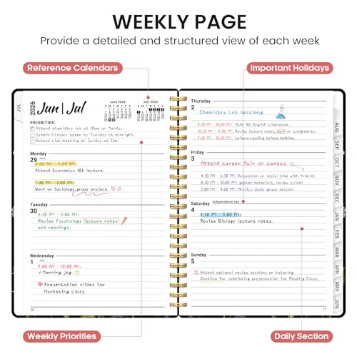 Planner 2026-2027, Academic Monthly and Weekly Calendar Planner for Women, July 2026 - June 2027, Hardcover Pretty Agenda Planner Book with Tabs, Spiral Daily Organizer for School Office Home Supplies, 6.3" x 8.5" - Peony Bloom - color: I-Peony Bloom, siz