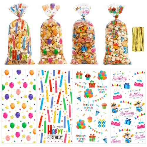 100 PCS Happy Birthday Cellophane Treat Bags(5x11 Inch) with Ties Colorful Plastic Goodie Candy Cookie Goody Loot Gifts Bags Bulk Pouches for Birthday Party Favors Supplies Decorations for Kids - color: 100 Birthday bags